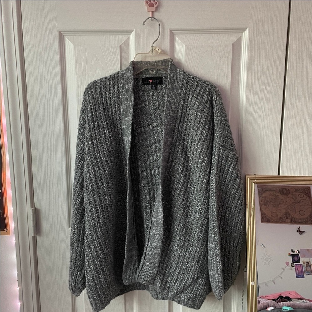 Grey Chunky Knit Sweater Cardigan - Small
